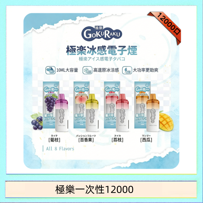 【8種口味】極楽 12000口一次性電子煙|超大容量 |口感絲滑|新品